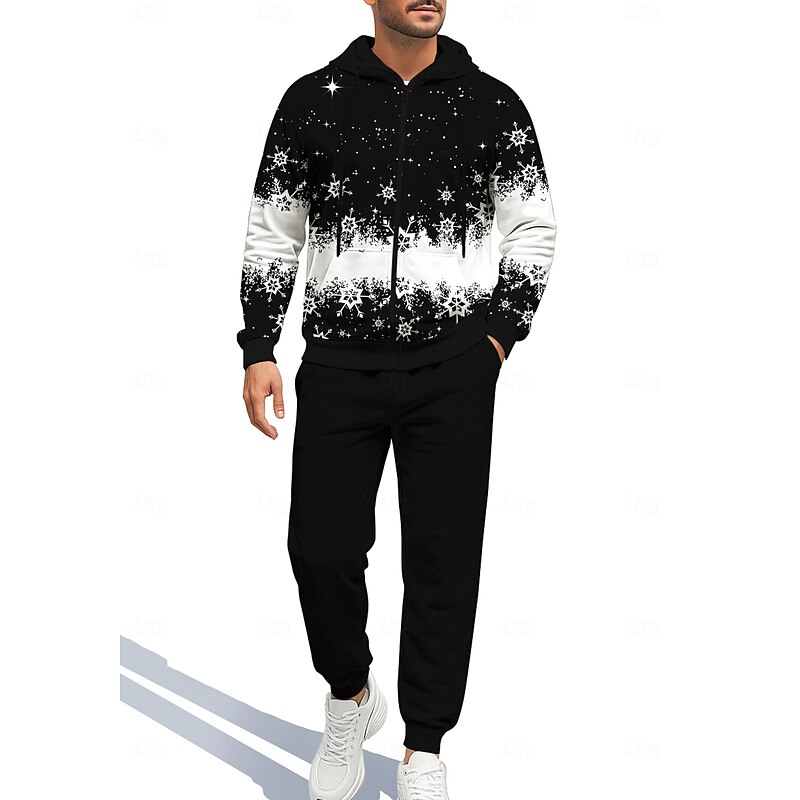Christmas Men's Hoodie Tracksuit Zip Hoodie Drawstring Pockets Pants Hoodie Sweatshirt Fall Black with White White+Black Gym Workout Casual Basketball Baggy Long Sleeve Sport Activewear Stretchy3