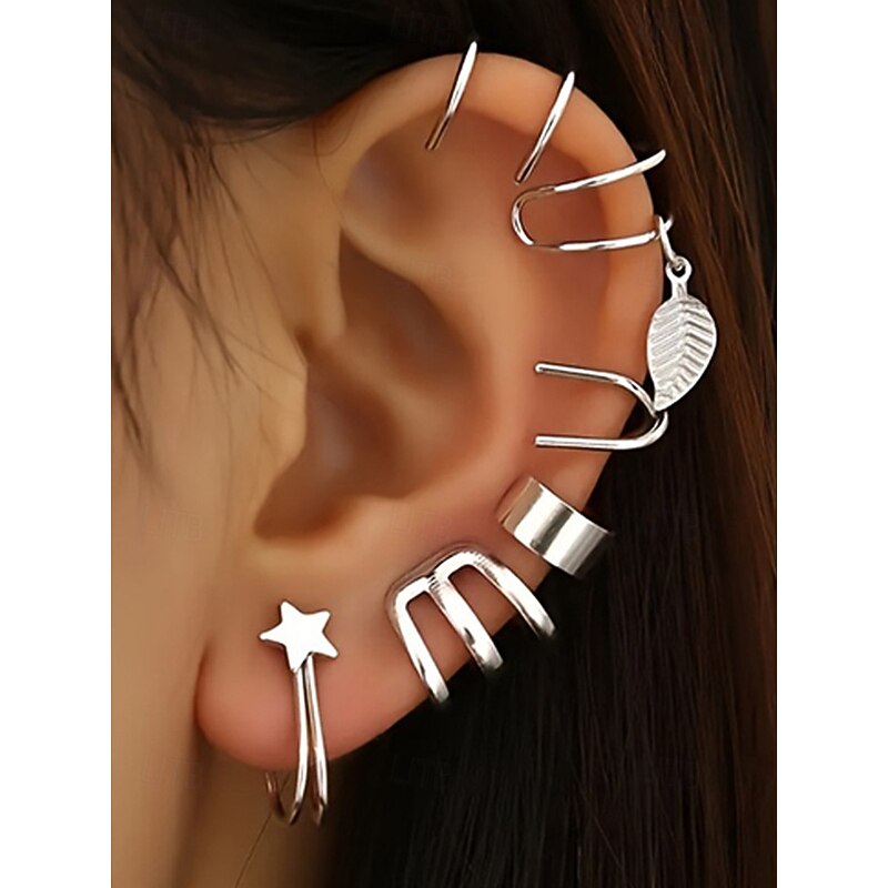 Women's Gold Silver Ear Cuff Set – No Piercing Clip On Earrings with Star and Leaf Design, Trendy Punk Jewelry for Parties and Daily Wear4