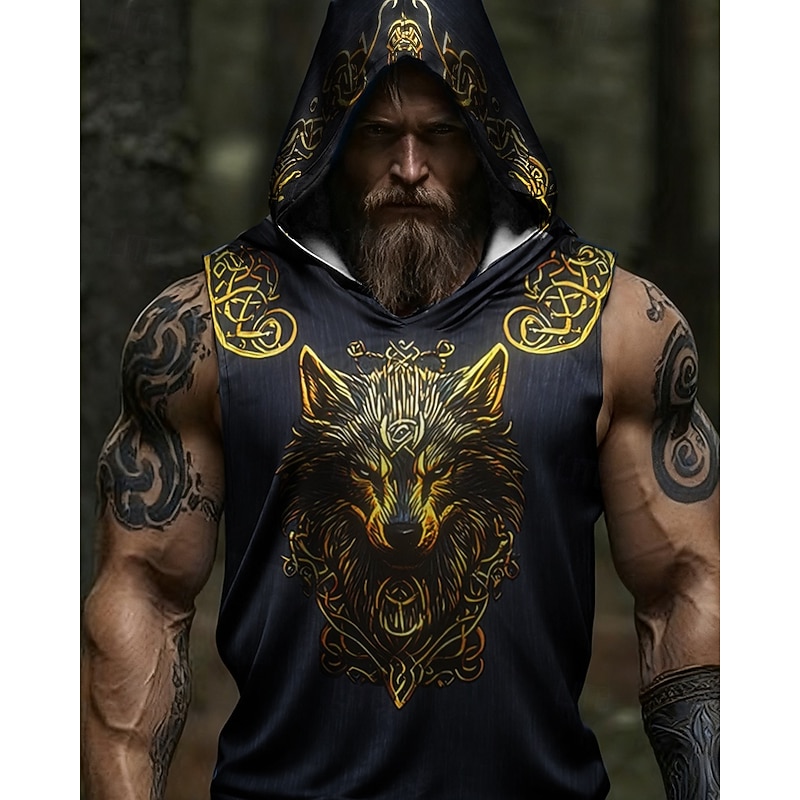 Men's Tank Top Vest Top Undershirt Sleeveless Shirt Sleeveless Hooded Summer Wolf Vintage Designer Basic Print Vacation Street Going out Black Blue Gray Top Tee for Men2