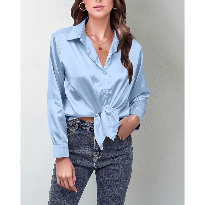 Women's Shirt Elegant Dressy Satin Solid Color Stylish Casual Long Sleeve Shirt Collar Regular Tops Daily Going out Buttons Light Green Sky Blue Purple Orange Khaki Spring Fall