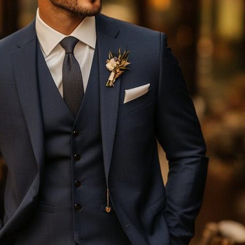 Men's Wedding Wedding Suits Notch Lapel Navy Blue Formal Solid Colored Slim Fit 3 Piece2