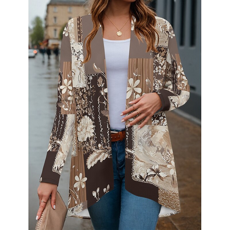 Women's Winter Coat Trench Coat Lightweight Comfortable Print Open Front Vintage Fashion Casual Boho Vintage Geometric Vacation Casual Long Collarless Regular Fit Long Sleeve Outerwear Black Beige4
