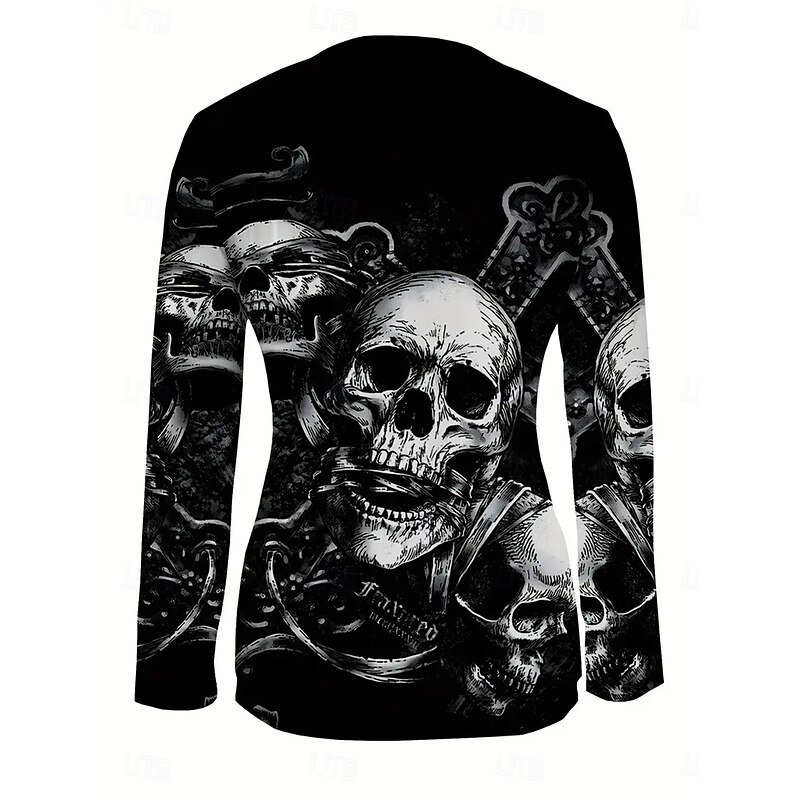 Halloween Women's T Shirt Graphic Skull Fashion Casual Long Sleeve Crew Neck Round Neck Regular Tops Daily Zipper Print Black Spring Fall Winter2