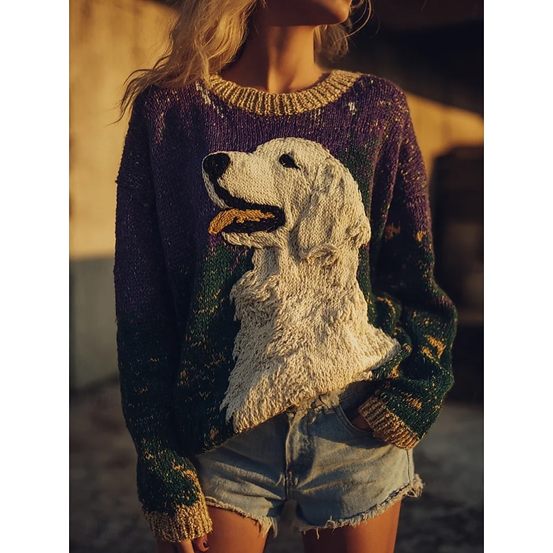 Women's Sweater Pullover Golden Retriever Daily Casual Graphic Animal Ribbed Crew Neck Knitted Print Long Sleeve Regular Tops Knit Outdoor Weekend Purple Fall Winter