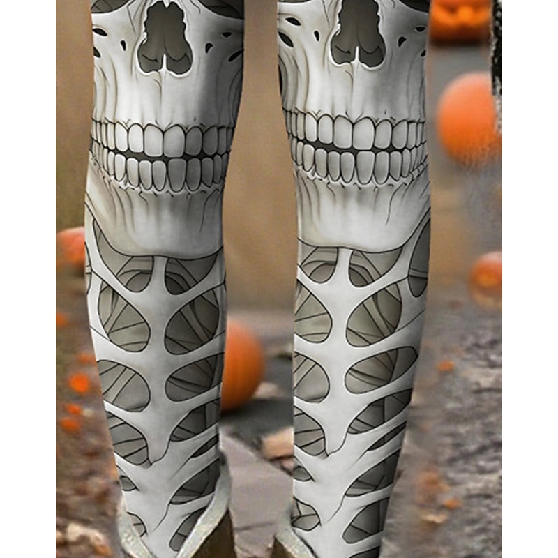 Women's Leggings Cozy Leggings Vacation Vintage Basic Full Length High WaistPantsHalloween Skull Printing Thermal Warm Comfortable Stretchy Vacation Casual Daily ash-colored Fall Winter Slim Fit3