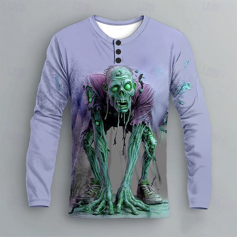Men's Halloween Zombies Henley Shirt Long Sleeve Fashion Cute Daily Halloween Casual Holiday Spring Fall Spring &  Fall Pink Blue Green Purple Henley Henley T-Shirt4