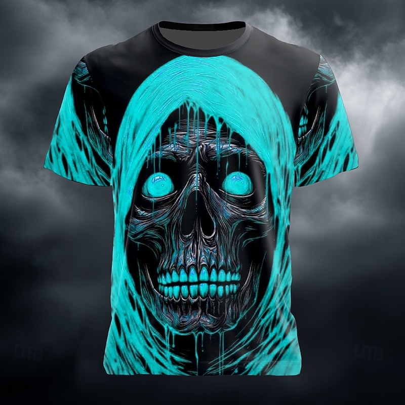Halloween Men's Optical Illusion 3D Reaper T Shirt Short Sleeve T shirt 3D Print Crew Neck Shirt Exaggerated Designer Horror Party Street Holiday Red Blue Green Summer Spring All Seasons Clothing3