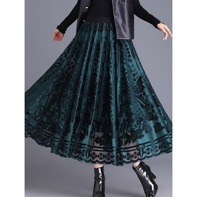 Women's Skirt A Line Elegant Fashion Maxi High Waist Skirts Floral Lace Pleated Stretchy Street Daily Black Red Green Coffee Spring Velvet2