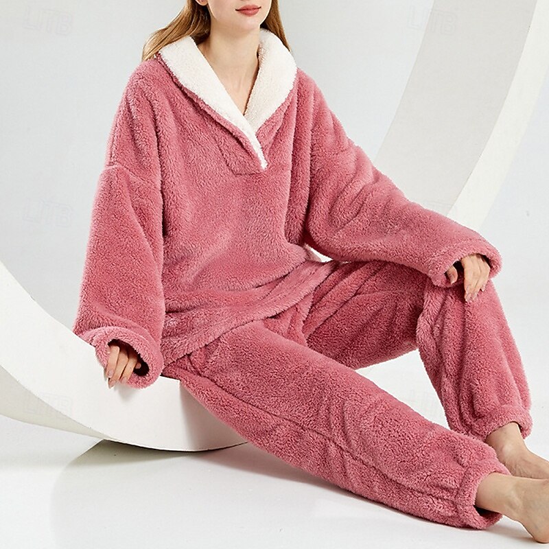 Women's Pajamas Loungewear Simple Casual Soft Pure Color Patchwork Pant Vacation Home Bed Long Sleeve Lapel Pink Red Blue Purple Gray Fall Winter Tailored Fit Loose Fit