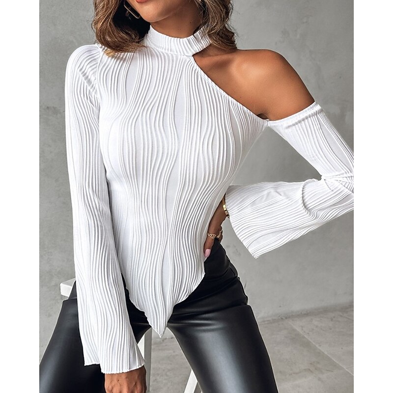 Women's Blouse Plain Elegant Modern Long Sleeve Crew Neck Regular Tops Daily Holiday Going out Asymmetric Hem White Fall Winter2