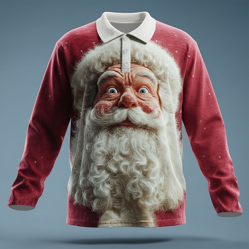Christmas Men's Santa Claus Polo Long Sleeve Polo Shirts Lapel Casual Outdoor Athleisure Daily Wear 3D Print Buttons Spring Fall Winter Red 1 Red 4 Red 33