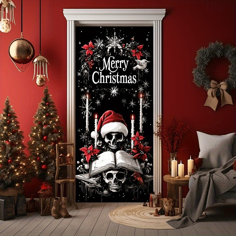 Christmas Door Cover Merry Christmas Nativity Stable Skeleton Santa Claus Holiday Winter Drapes Festive Home Decoration Curtain Large Seasonal Decoration for Living Room Bedroom2