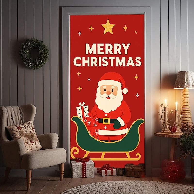 Christmas Door Cover, Red Bells and Ribbon Festive Backdrop Door Curtain for 2025 Xmas Party Indoor Outdoor Holiday Decorations3