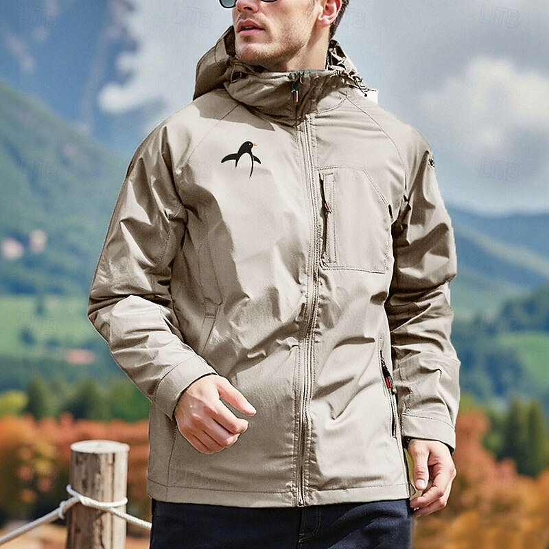 Men's Graphic Penguin Military Jacket Raincoat Shell Jacket Waterproof Lightweight Casual Sports Outdoor Camping & Hiking Embroidered Side Pockets Windbreaker Fall Winter Hooded Long Sleeve khaki