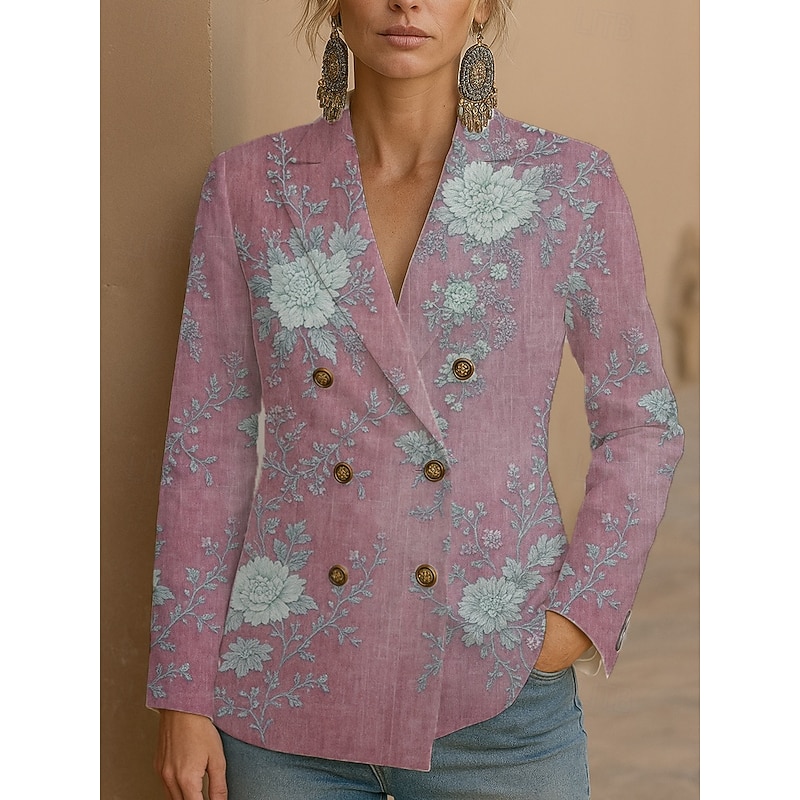 Women's Blazer Windproof Warm Buttons Formal Floral Casual Holiday Going out Casual Daily Regular Notch Lapel Regular Fit Long Sleeve Outerwear Blue Purple Green Spring Fall3