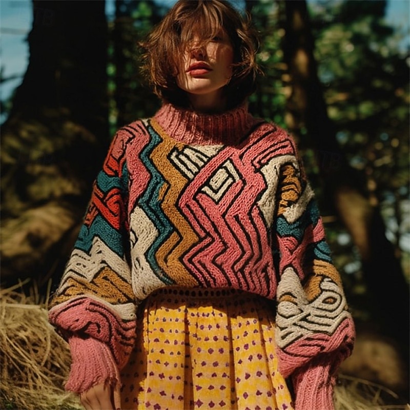 Women's Sweater Pullover Daily Casual Graphic Ribbed Crew Neck Knitted Print Long Sleeve Regular Tops Knit Outdoor Weekend Pink Fall Winter