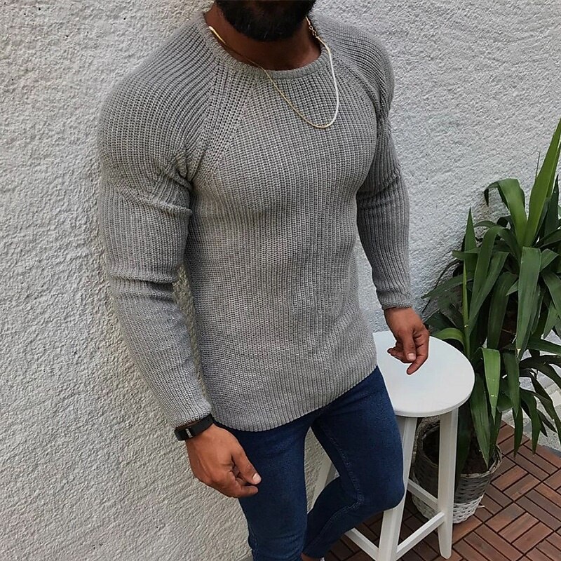 Men's Sweater Pullover Sweater Jumper Ribbed Knit Regular Tops Knitted Slim Fit Plain Crew Neck Knitwear Contemporary Casual Daily Wear Clothing Apparel Spring Fall Black Gray S M L