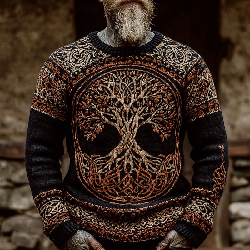 Men's Viking Tree Of Life Pullover Sweater Jumper Knitwear Crewneck Retro Vintage Casual Vacation Daily 3D Print Knitting Keep Warm Long Sleeve Spring Fall Winter Red Blue Brown2