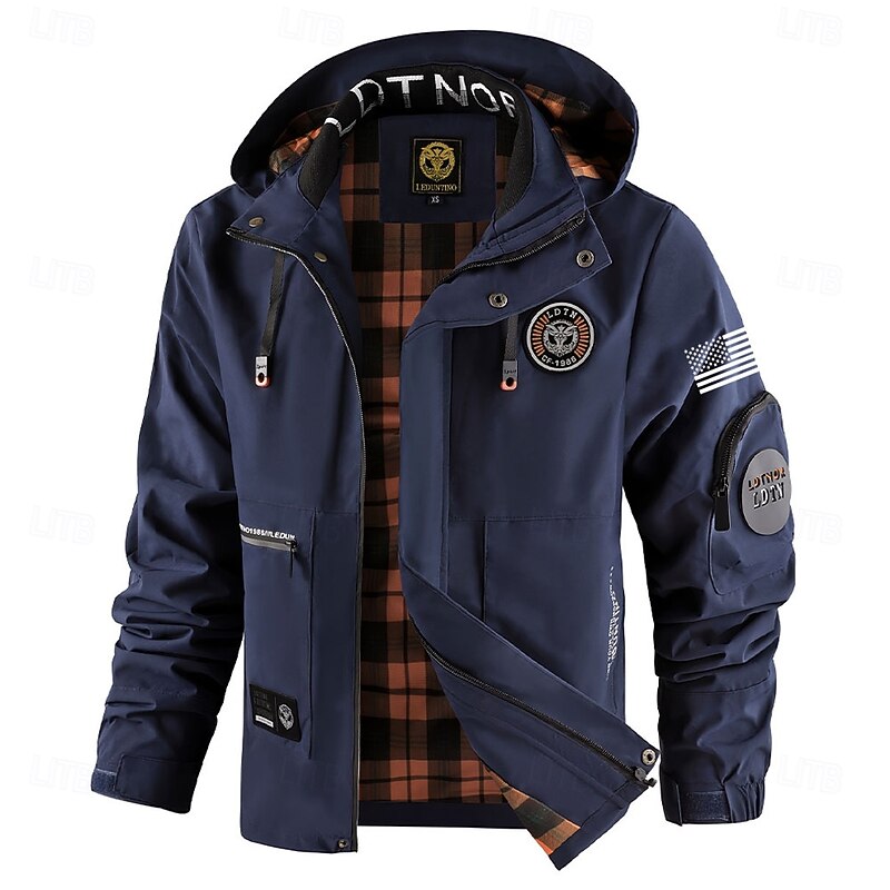 Men's US Flag Windbreaker Hooded Jacket Parka Waterproof Windproof Multi-Pockets Casual Outdoor Camping & Hiking Detachable Hood Full Zip Coat Outerwear Fall Winter Stand Collar Long Sleeve Black4