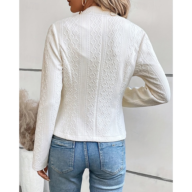 Women's Casual Jacket Comfortable Breathable Jacquard Fashion Daily Plain Outdoor Casual Daily Single Breasted Short Collarless Regular Fit Long Sleeve Outerwear White Spring Fall2