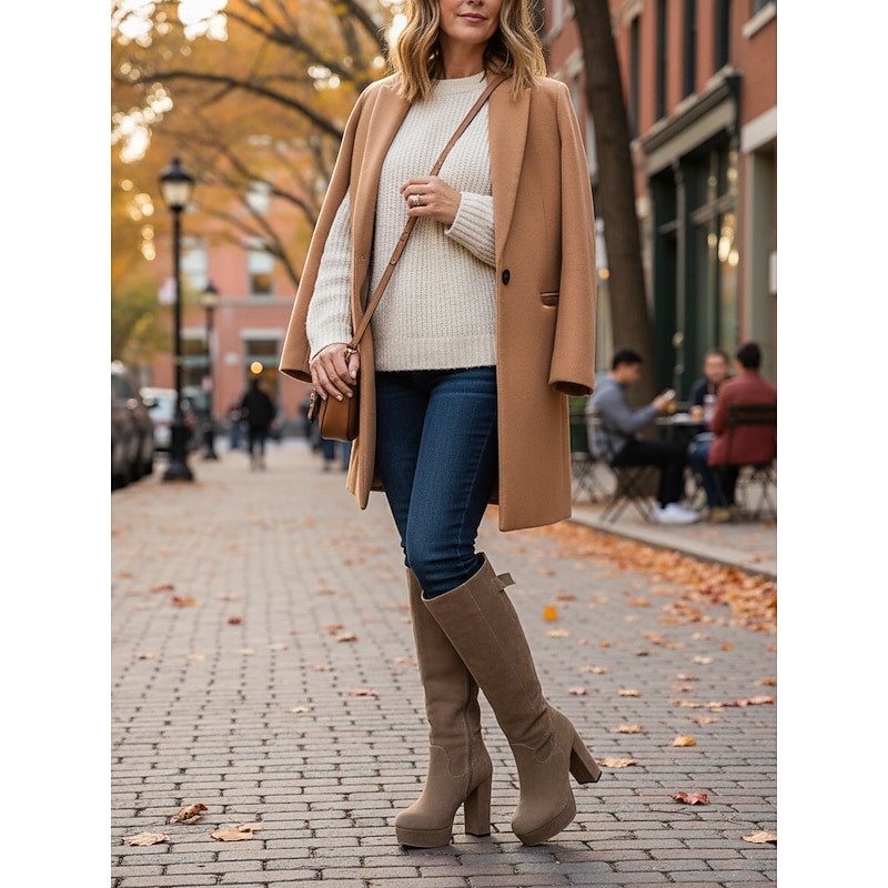 Women's Suede Knee High Platform Boots with Adjustable Wide Zipper Calf, Block Heel Fashion Boots for Urban Streetwear4