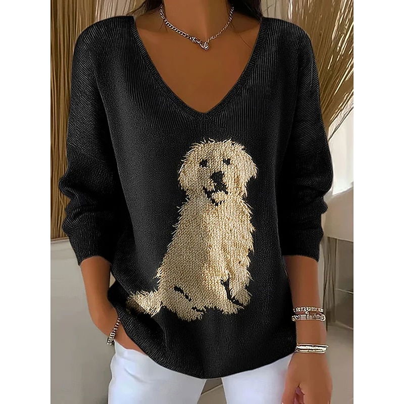 Women's Sweater Pullover Golden Retriever Fashion Streetwear Casual Graphic Animal V Neck Oversized Knitted Long Sleeve Regular Tops Knit Outdoor Daily Black Spring Fall