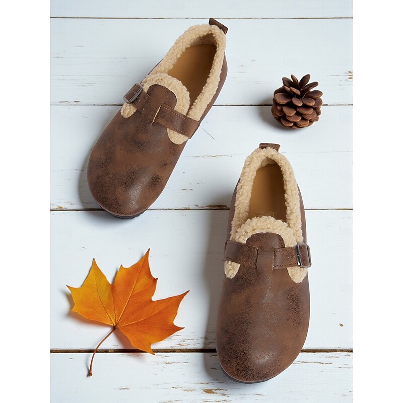 Women's Wide Width Brown Fleece Lined Buckle Loafers, Comfortable Warm Casual Shoes for Winter Home or Outdoor2