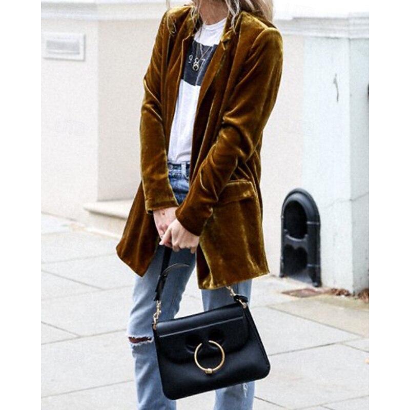 Women's Blazer Casual Jacket Comfortable Pocket Buttons Casual Plain Vacation Daily Wear Going out Weekend Regular Turndown Regular Fit Long Sleeve Outerwear Black Yellow Wine Fall Winter3