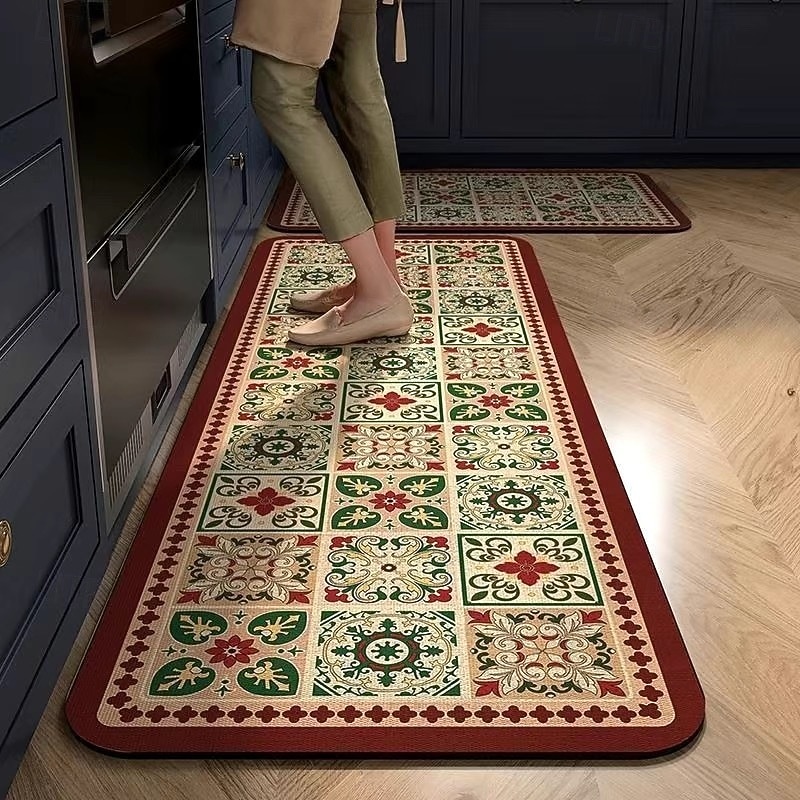 Kitchen Rugs Mats Non-Skid Washable Anti-Fatigue, Non-Slip Absorbent Crystal Velvet Runner Rubber Backed for Floors, Machine Washable Moroccan Mosaic Vintage Standing Mats for Laundry Room, Hallway3
