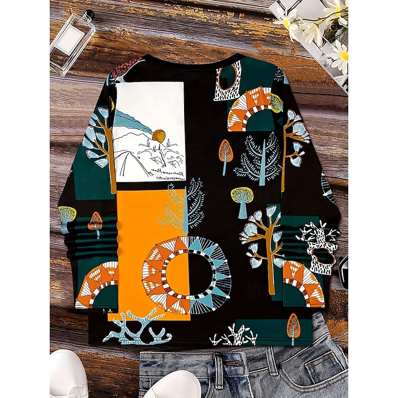 Women's T Shirt Floral Graphic Geometric Vintage Stylish Classic Long Sleeve V Neck Regular Tops Daily Print Orange Spring Fall Winter3