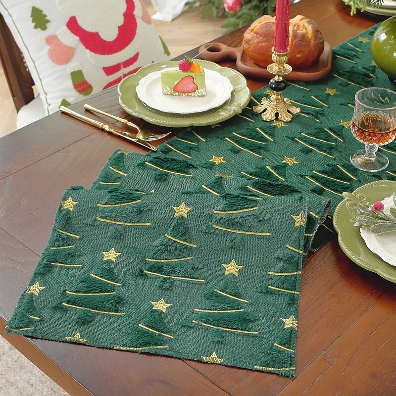 Plush Embroidered Green Christmas Table Runner, Bed Scarf, Festive Holiday Tablecloth, Decorative Cover for Dining Table3