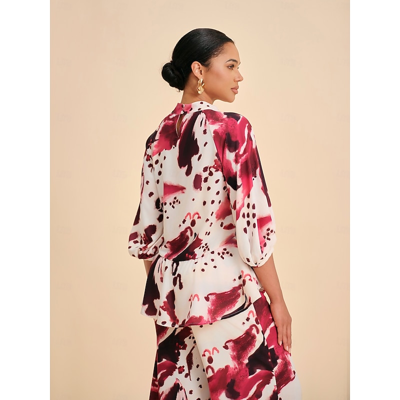 Women's Blouse Wine Abstract Print Standing Collar Casual Elegant Bohemian Vacation Spring Summer3