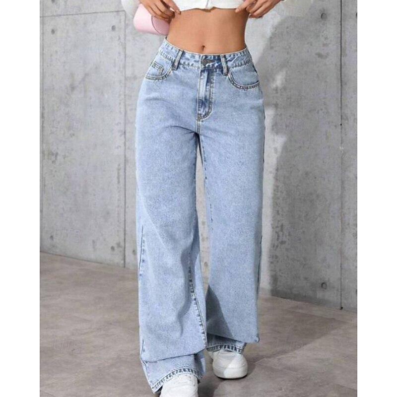 Women's Jeans Culottes Wide Leg Chinos Streetwear Casual Full Length Medium Waist Plain Pocket Elastic Waist Comfortable Micro-elastic Outdoor Vacation Street Pink Blue Dusty Blue Fall Winter Regular3