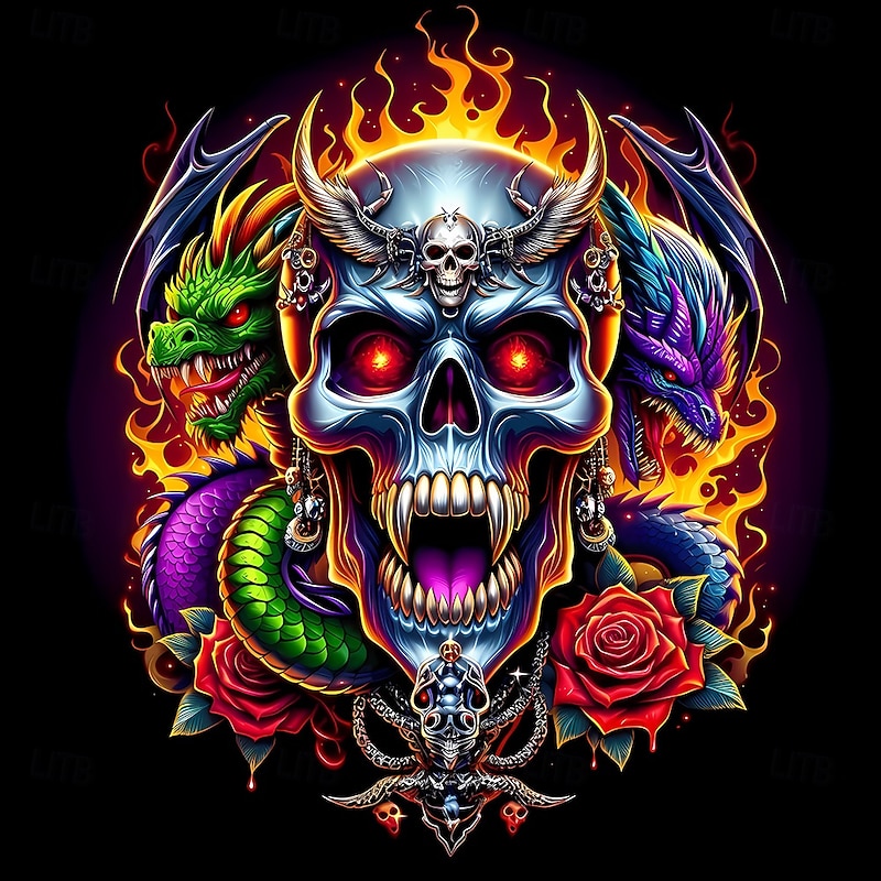 Halloween Men's Skull Hellfire Flames Horror Shirt Button Up Shirt Long Sleeve Dark Gothic Style Holiday Streetwear Spring Fall Turndown 3D Print Collared Shirts Black / Purple Black / Orange3