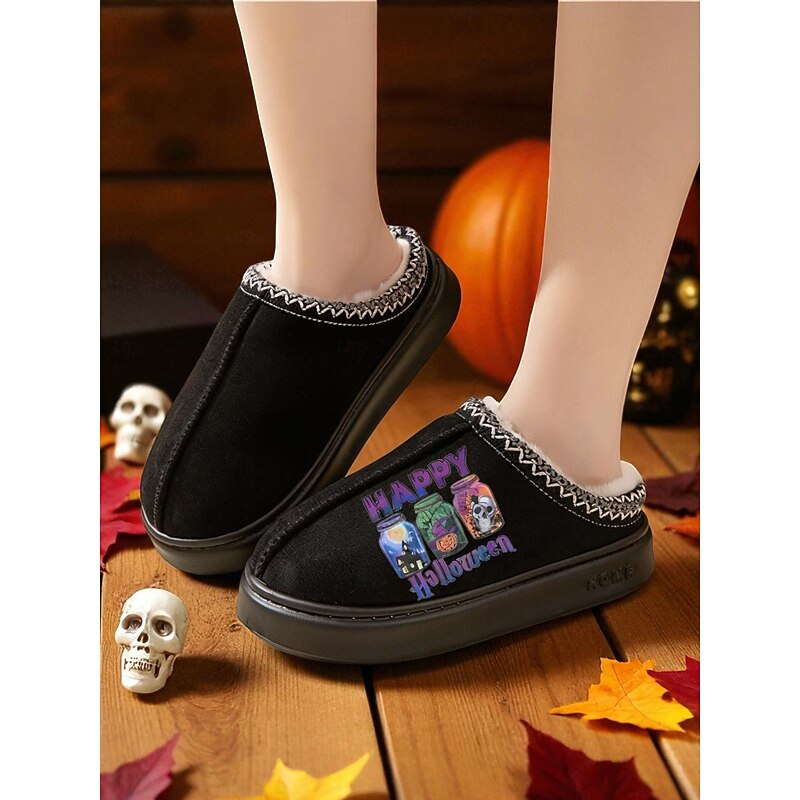 Women's Halloween Fleece Slippers – Cozy Indoor House Shoes with "Happy Halloween" Print, Warm Plush Lining for Home and Holiday Parties4