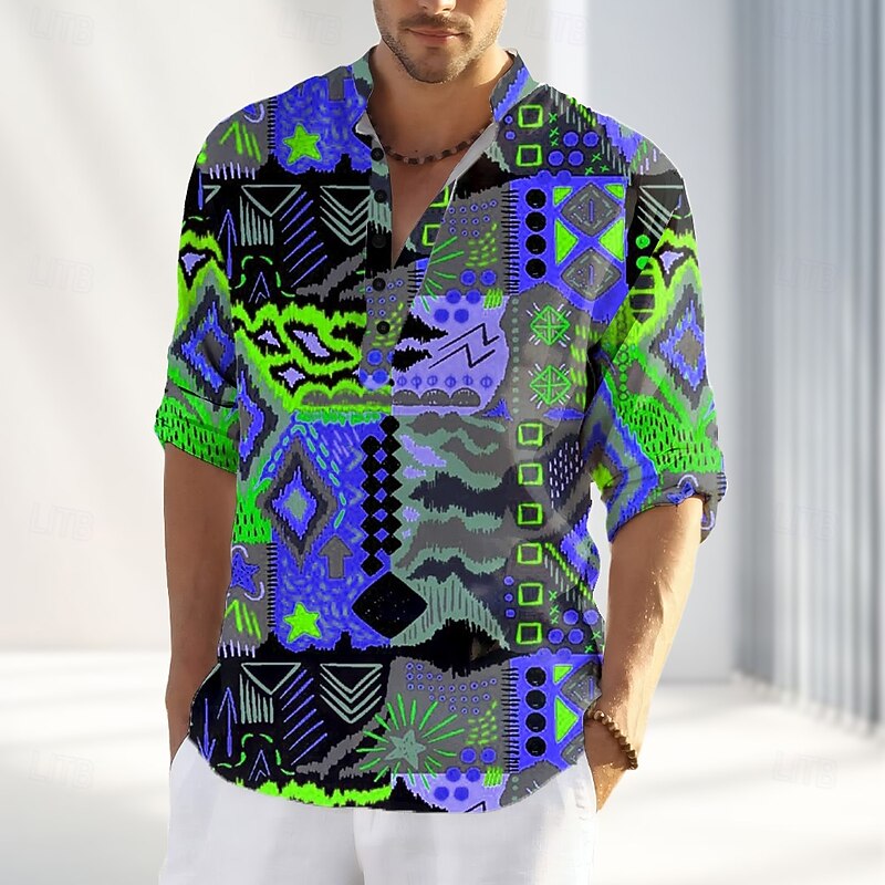 Men's Abstract T Shirt Henley Shirt Long Sleeve Designer Retro Vintage Casual Street Casual Daily Summer Spring Fall Yellow Green Blue Henley Henley T-Shirt3