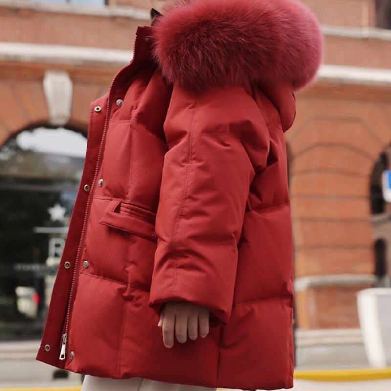 Kids Girls' Down Jacket Outdoor Jacket Puffer Jacket Solid Color Fashion Fur Trim Keep Warm Windproof Outdoor Coat Outerwear 4-12 Years Fall Black Yellow Red3