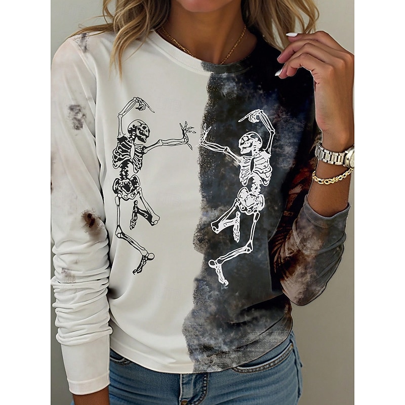 Halloween Women's T Shirt Skulls Graphic Vintage Fashion Casual Long Sleeve Crew Neck Regular Tops Daily Weekend Print Red Blue Purple Green Gray Fall Winter