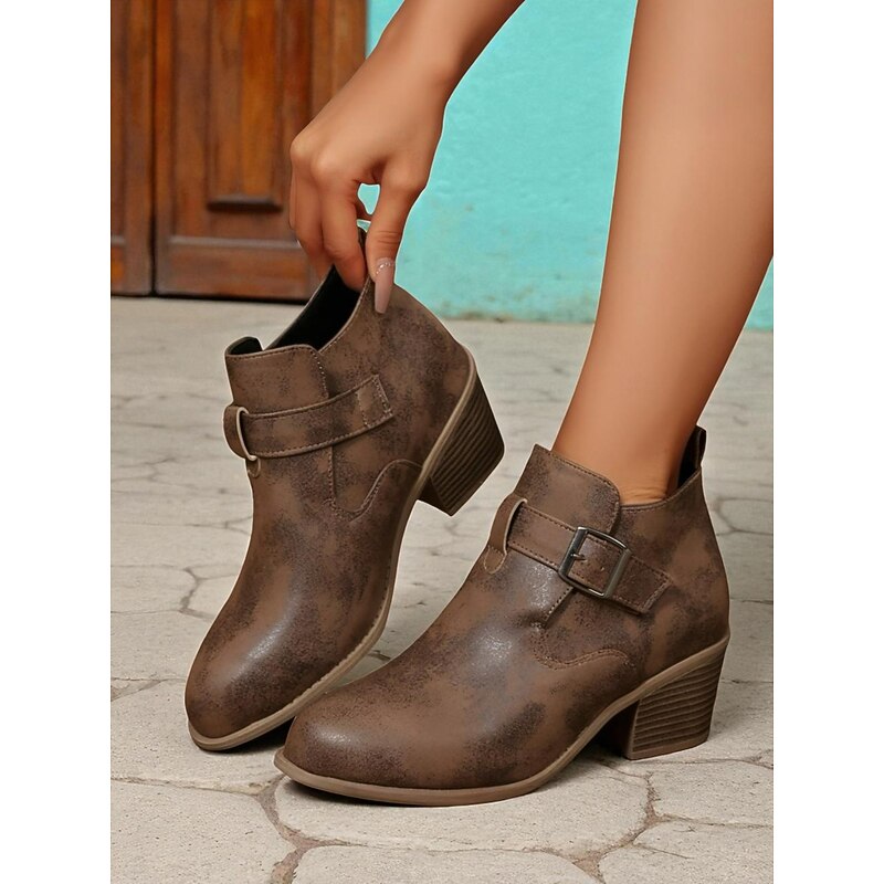 Women's Coffee Buckle Strap Ankle Boots with Block Heel, Casual Vintage Style for Fall and Everyday Outfits2