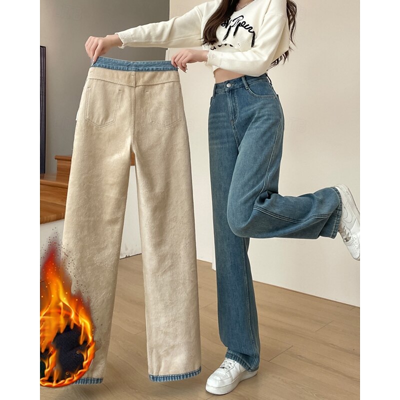 Women's Jeans Wide Leg Chinos Vacation Vintage Streetwear Full Length Medium Waist Plain Pocket Elastic Waist Warm Inelastic Micro-elastic Outdoor Vacation Street Deep Blue Light Blue Summer Spring