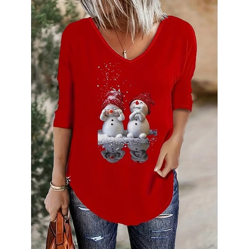 Christmas Women's T Shirt Graphic Snowman Vintage Stylish Classic Long Sleeve V Neck Regular Tops Daily Print Black Red Spring Fall Winter3