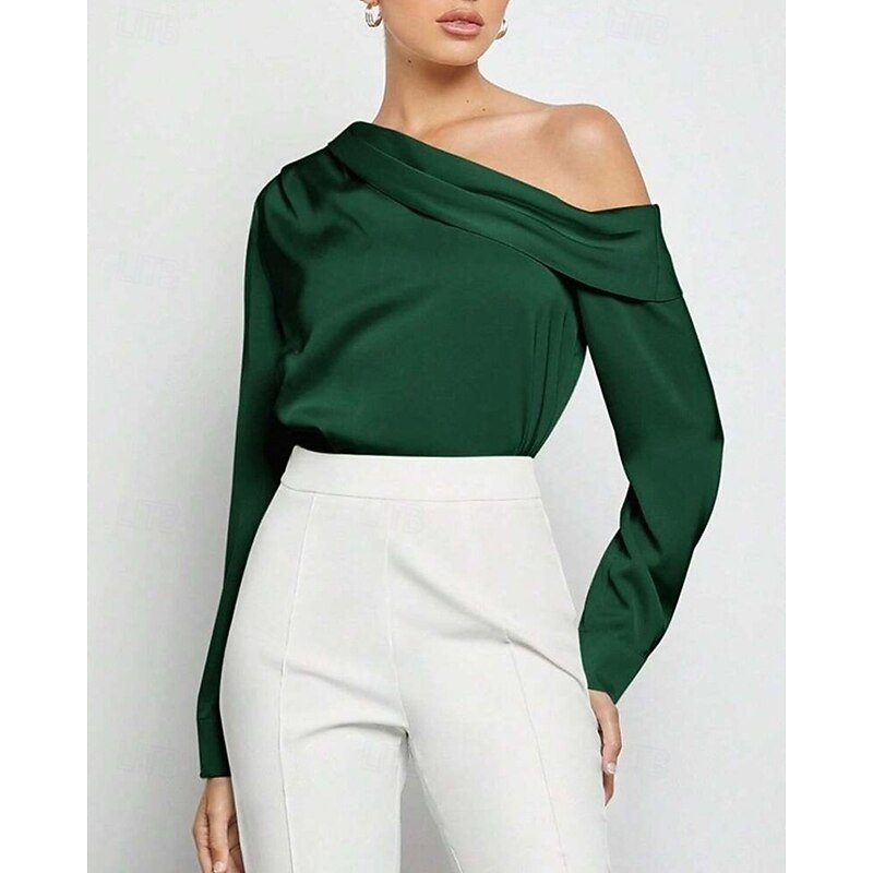Women's Shirt Elegant Dressy Satin Solid Color Stylish Casual Long Sleeve Cold Shoulder Regular Tops Daily Going out Asymmetric Black Pink Blue Green Apricot Spring Fall