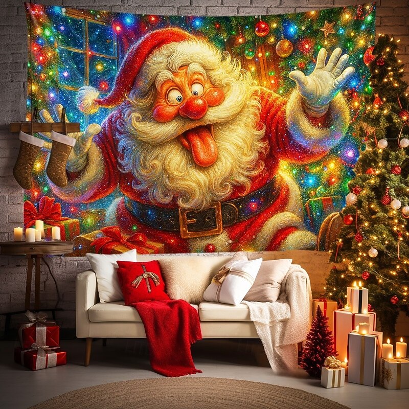 Christmas Wall Tapestry Backdrop, Colorful Santa Claus with Lights Wall Hanging, 2025 Xmas Holiday Decoration for Bedroom, Living Room, Party, Outdoor Decoration2