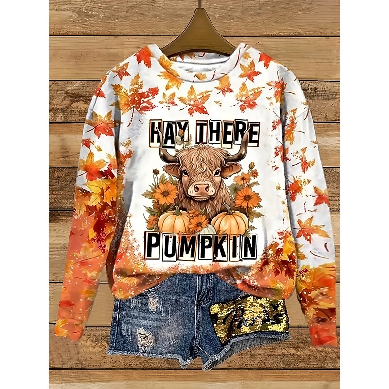 Women's Sweatshirts Graphic Animal Cow Vintage Casual Long Sleeve Crew Neck Regular Tops Street Dailywear Casual Print Orange Spring Fall Winter2