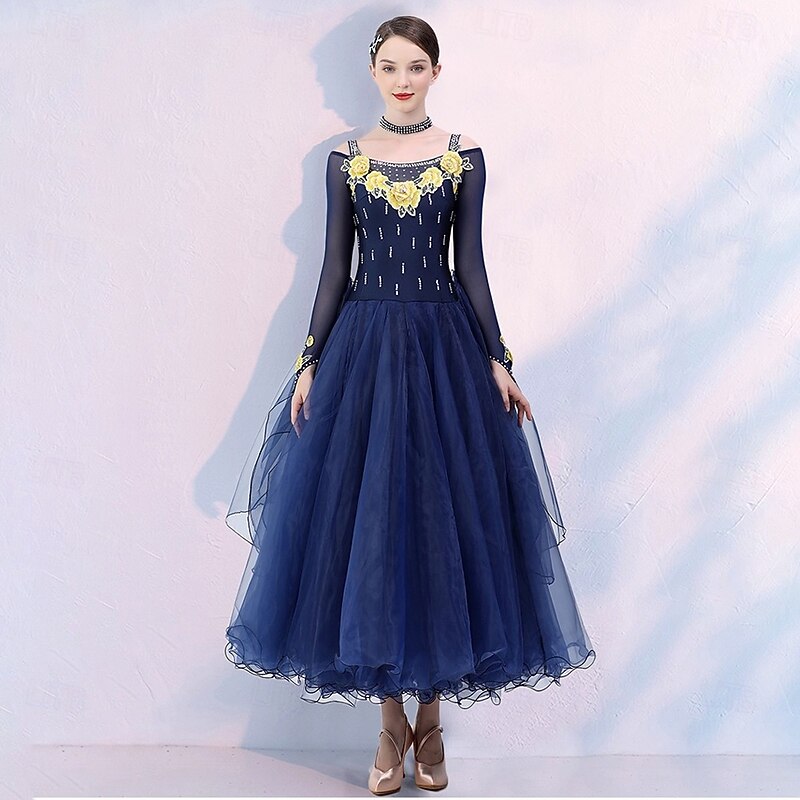 Ballroom Dance Dress Embroidery Rhinestones Women's Performance Long Sleeve Waltz Modern Dance Costumes4