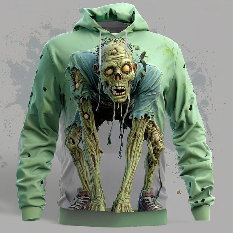 Halloween Men's Zombies 3D Hoodie Sweatshirt Punk Exaggerated Long Sleeve Crew Neck Club Streetwear Light Green Blue Drawstring Fall Winter Designer