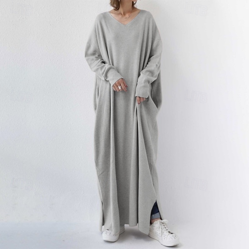 Women's Long Dress Maxi Dress Hoodie Dress Fashion Modern Office Going out Loose Fit Houndstooth Plain Long Sleeve V Neck Black Army Green Grey Spring Fall2