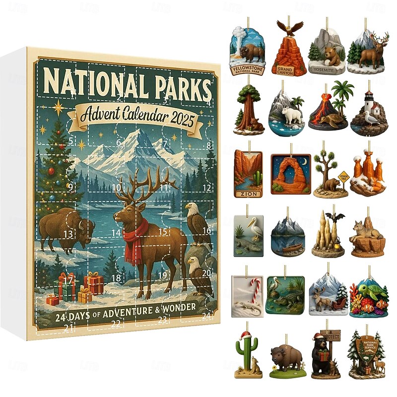 National Parks Advent Calendar 2025 2D Acrylic Ornaments 24 Days Christmas Countdown Calendar with 24 landscapes and Wildlife Collectible Ornaments of America's National Parks Gift