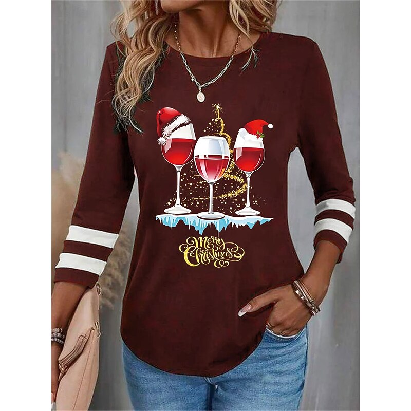 Christmas Women's T Shirt Graphic Letter Wine Glass Vintage Fashion Stylish Long Sleeve Crew Neck Round Neck Regular Tops Daily Weekend Print Black Wine Blue Purple Green Fall Winter4