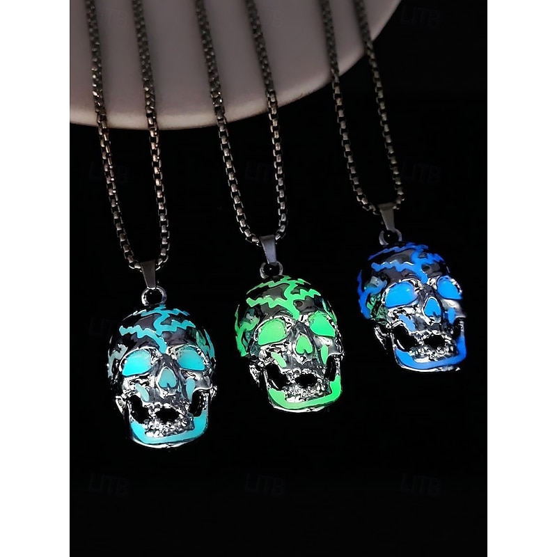 Men's Halloween Glowing Skull Pendant Necklace – Luminous Gothic Punk Jewelry for Cosplay, Costume Party and Nightlife